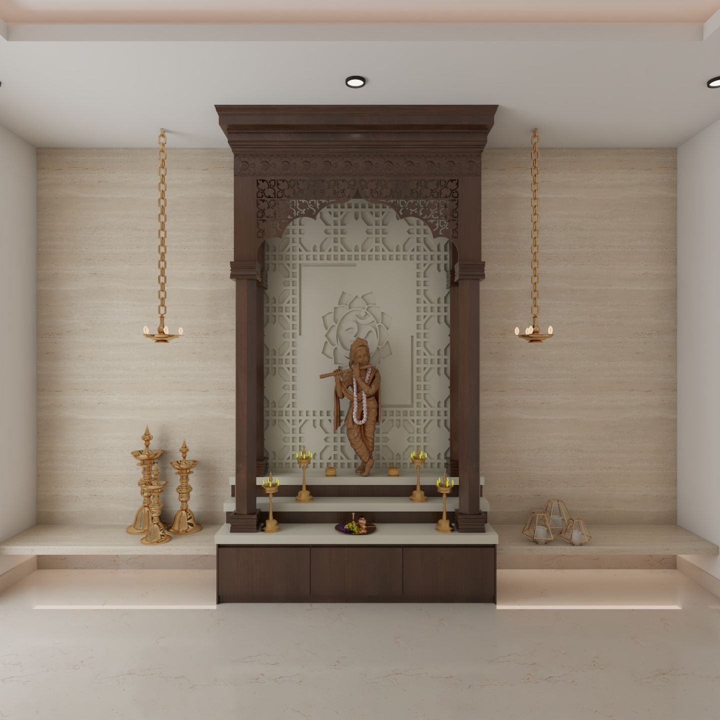 Crescent Acacia Floor-Mounted Pooja Room Design - Livspace