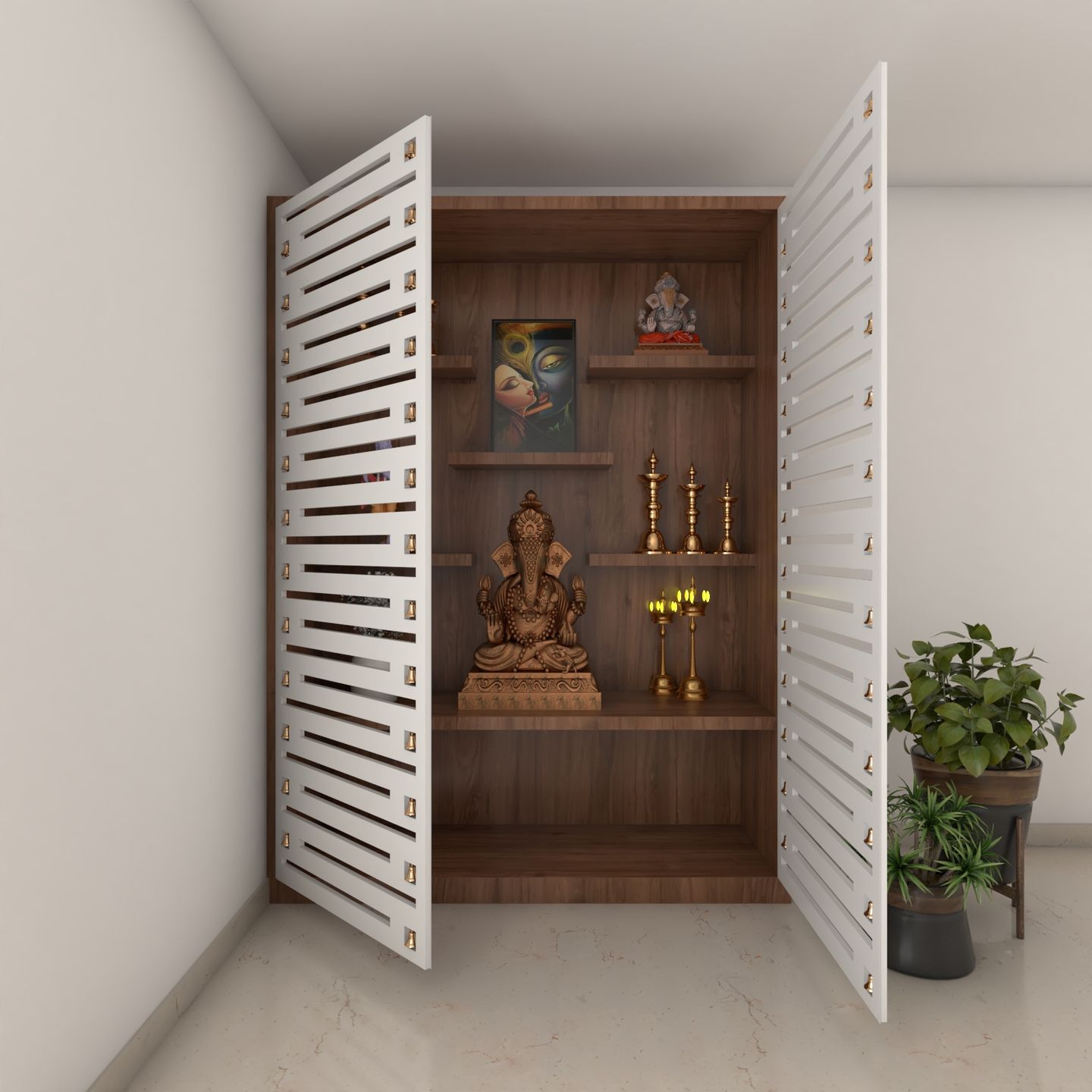Floor-Mounted Wooden Pooja Room Design - Livspace