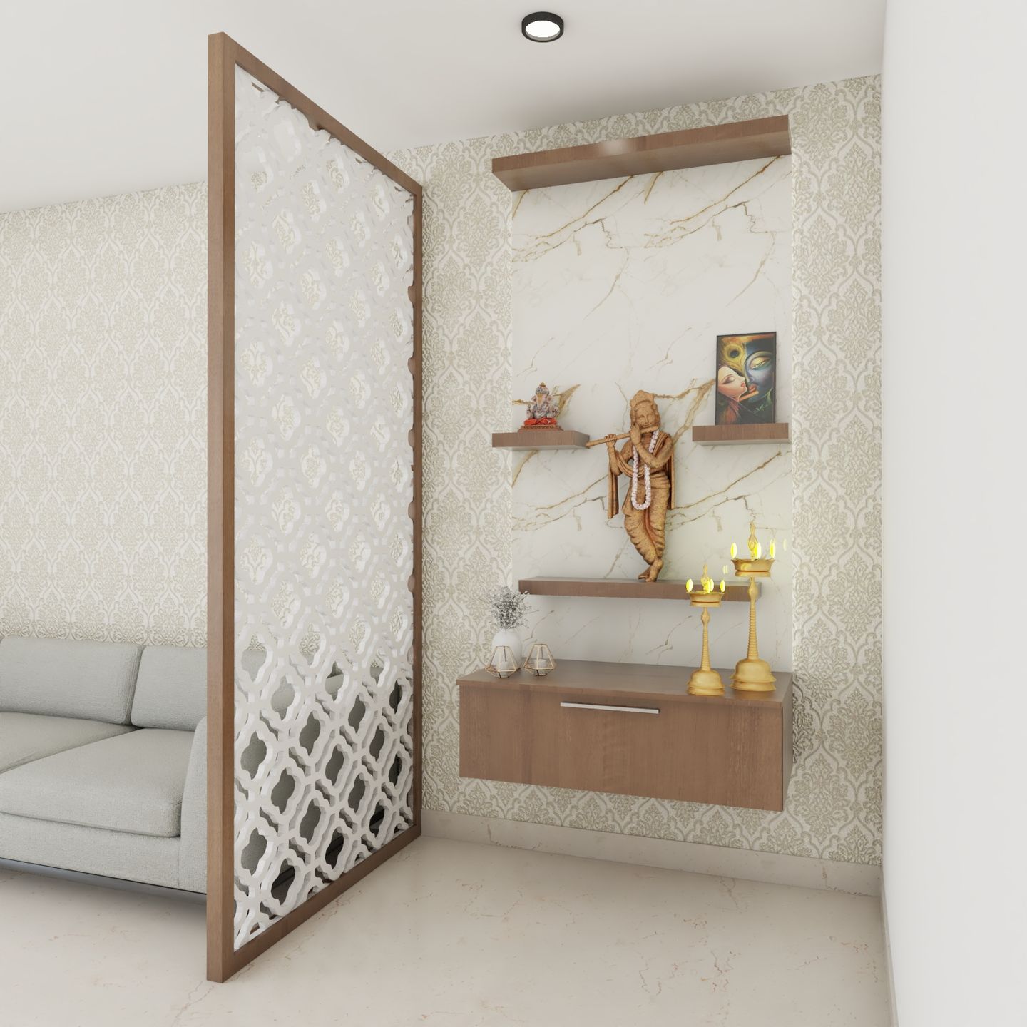 Pooja Room Design With CNC Cut Partition And Wooden Frame - Livspace