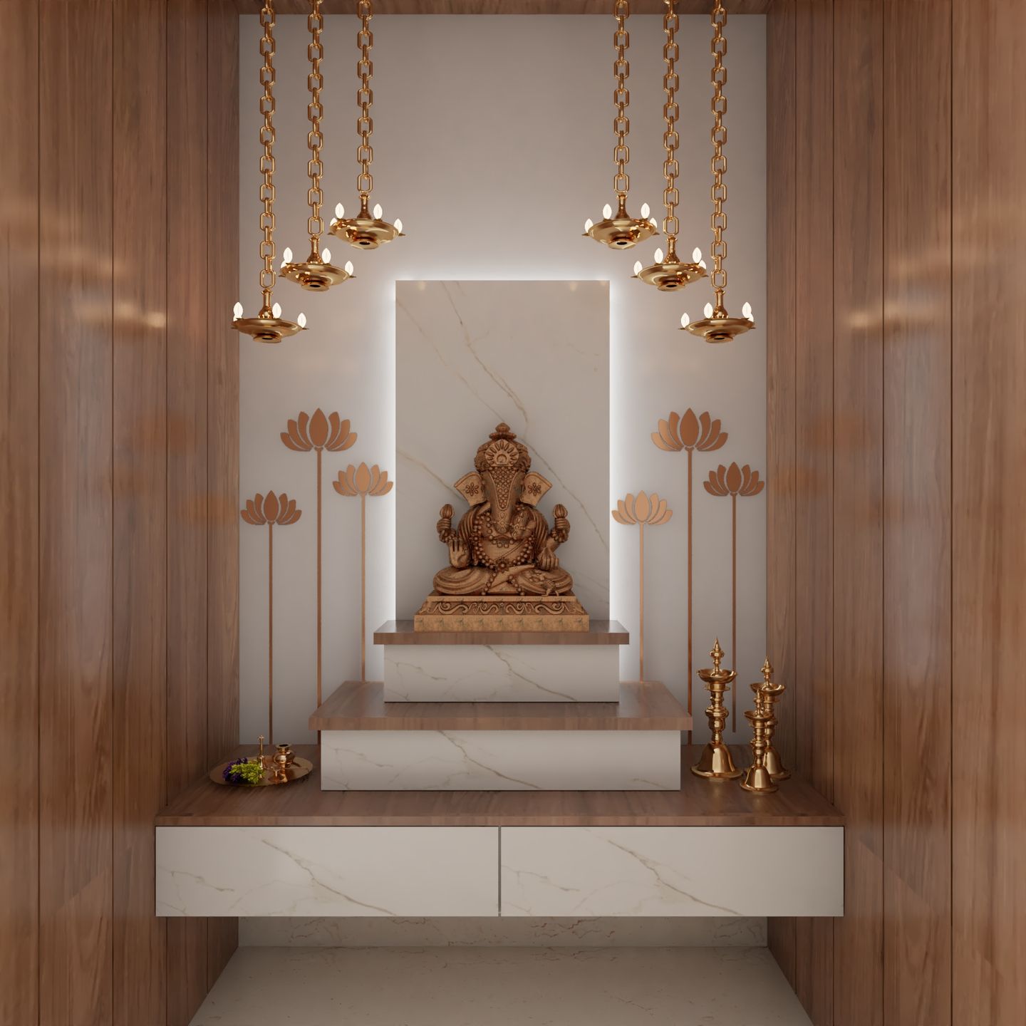 Mandir Unit Design With LED Wall And Lotus Motifs | Livspace