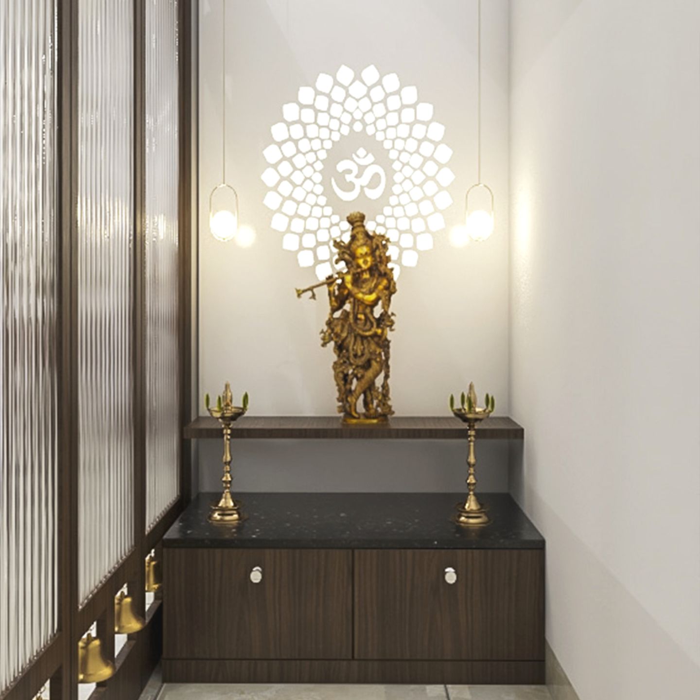 Open Unit Floor-Mounted Mandir Design With Fluted Glass Partition ...