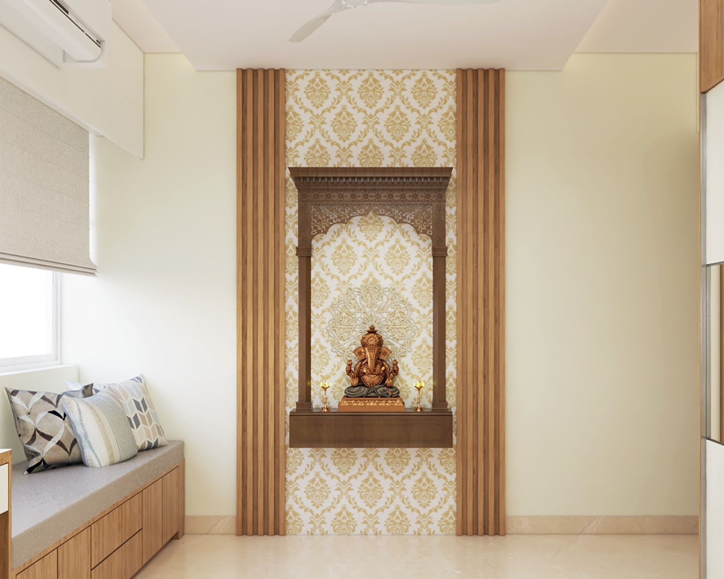 Walnut Toned Pooja Room Design With Damask Wallpaper - Livspace