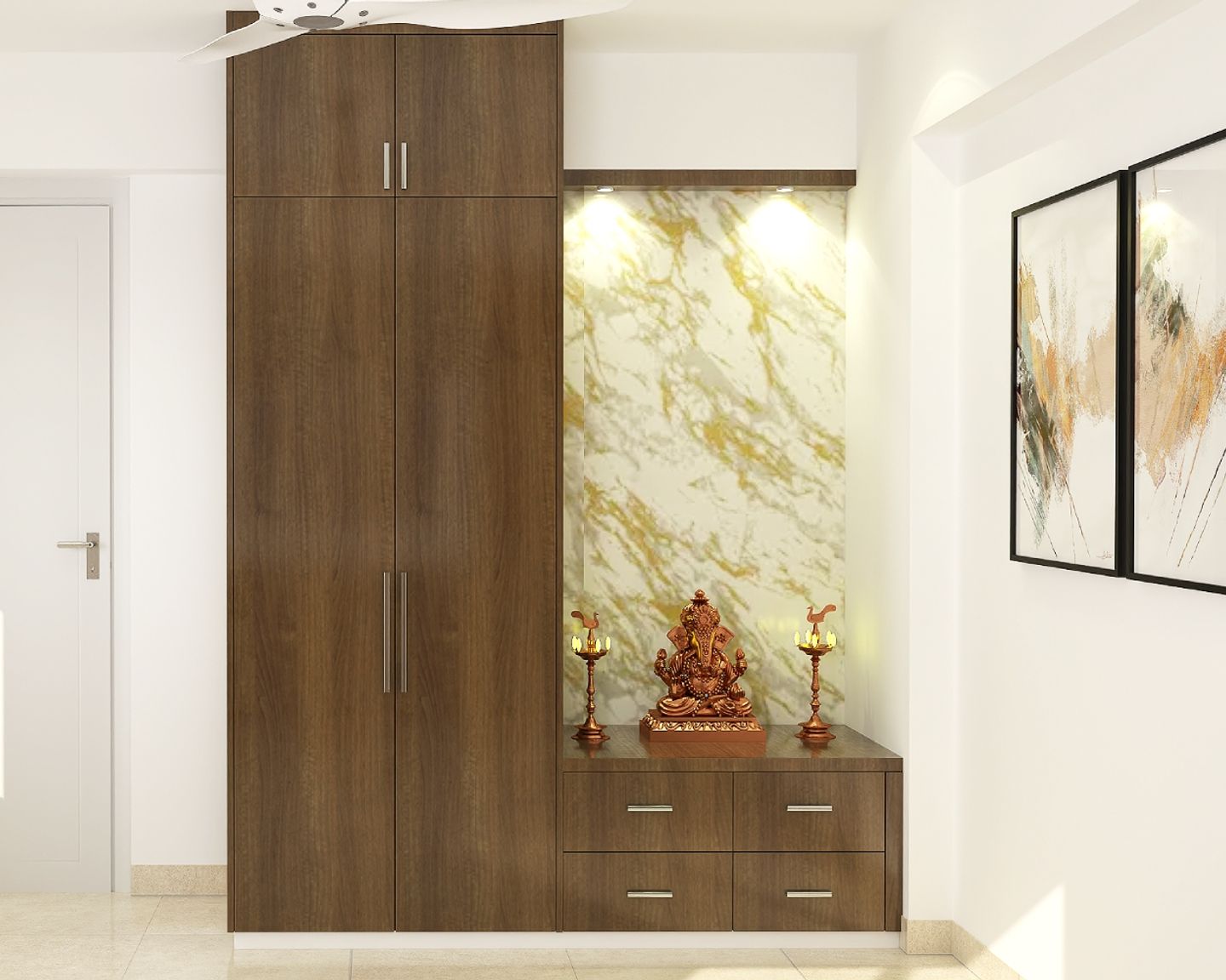 Wooden Mandir Design With Marble Wall Tile - Livspace