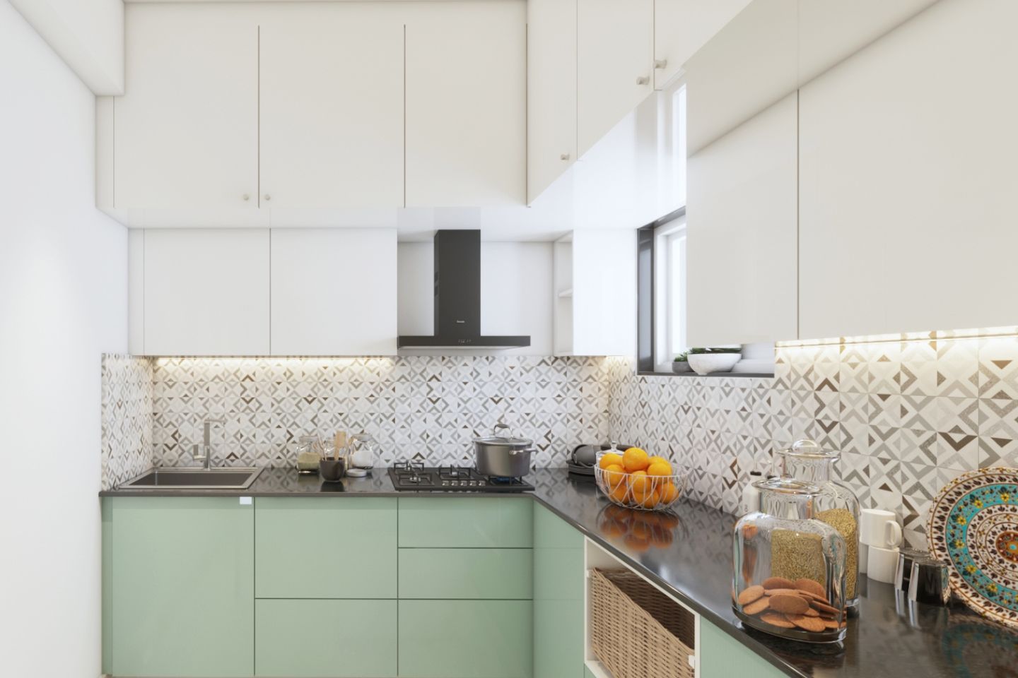 Geometric Grey And White Kitchen Tile Design Livspace