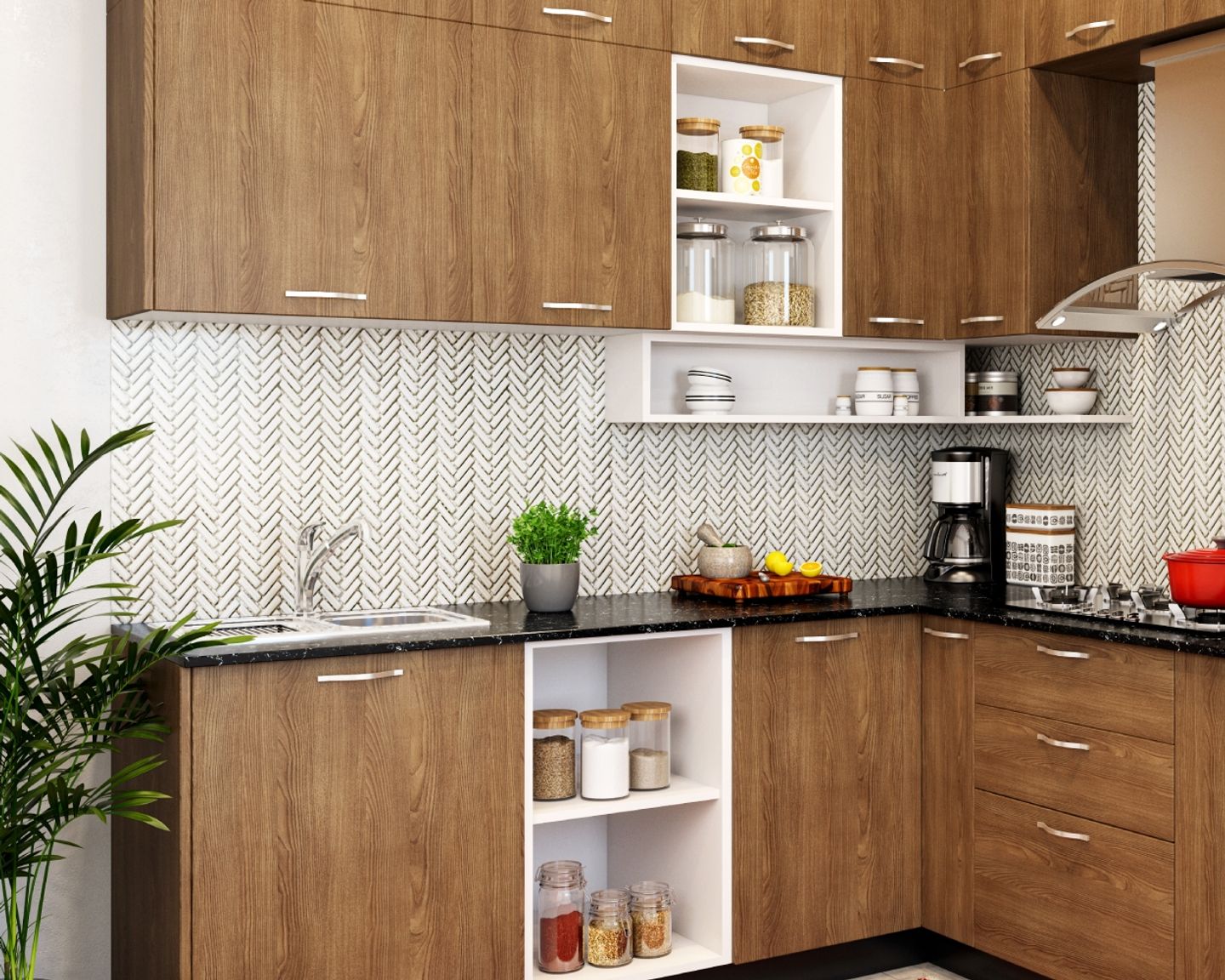 Rectangular Black And White Herringbone Kitchen Tile Design | Livspace
