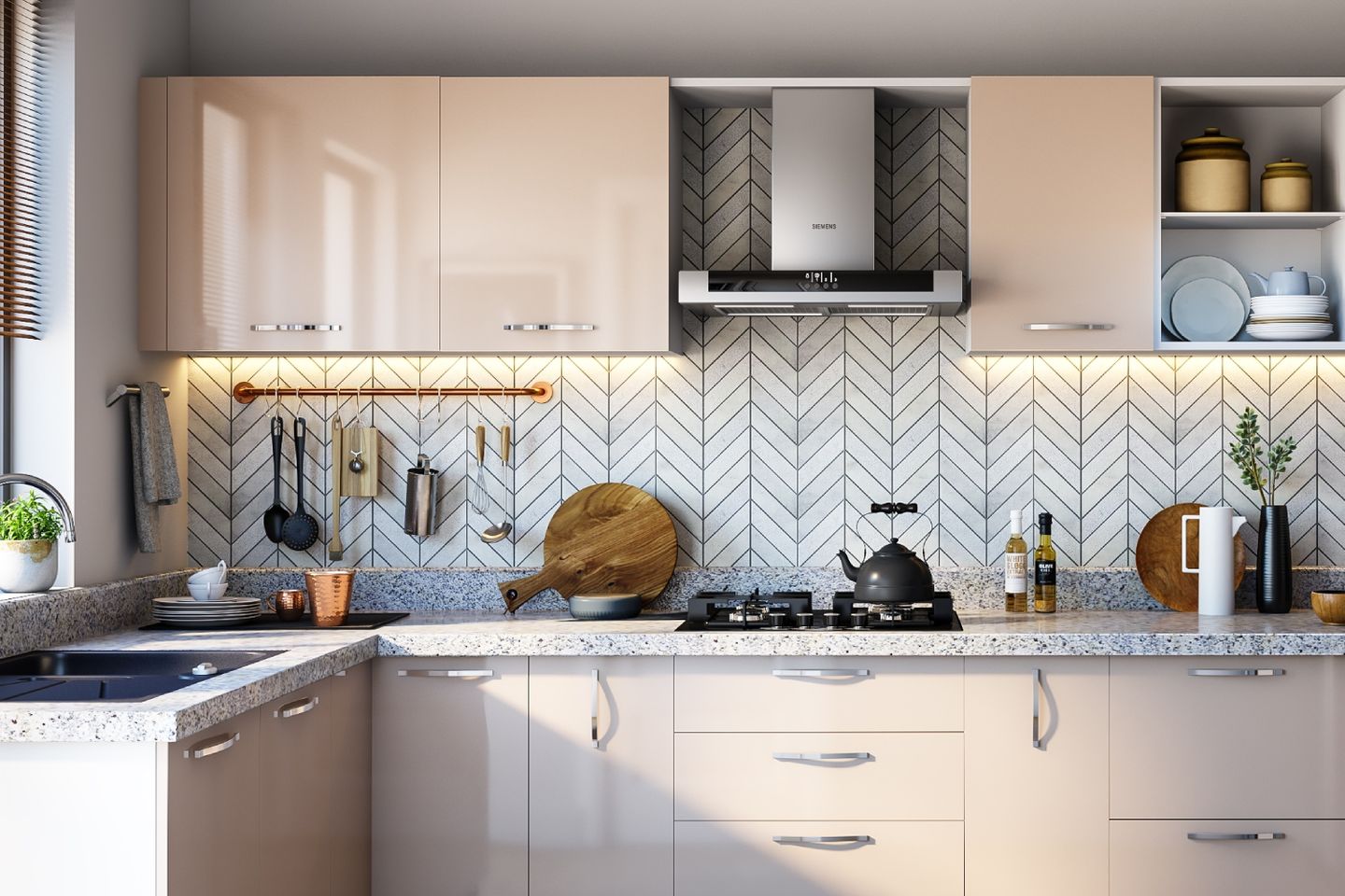Herringbone Ceramic Kitchen Tile Design In Grey And White - Livspace