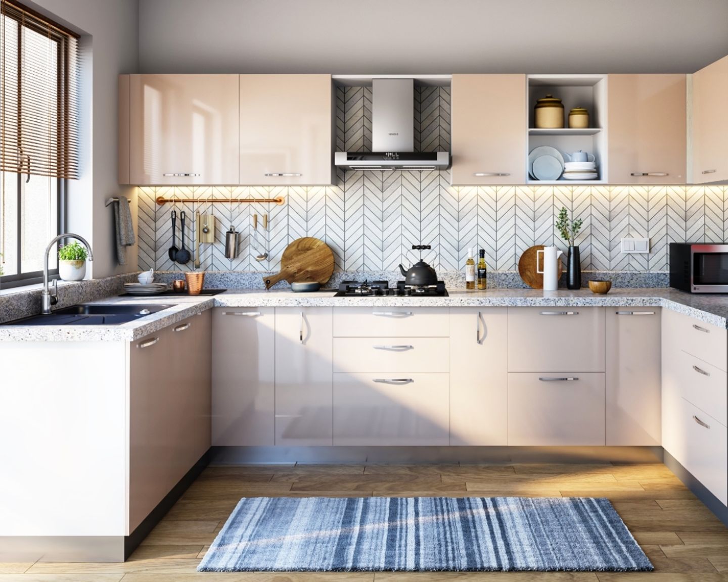 Herringbone Ceramic Kitchen Tile Design In Grey And White | Livspace