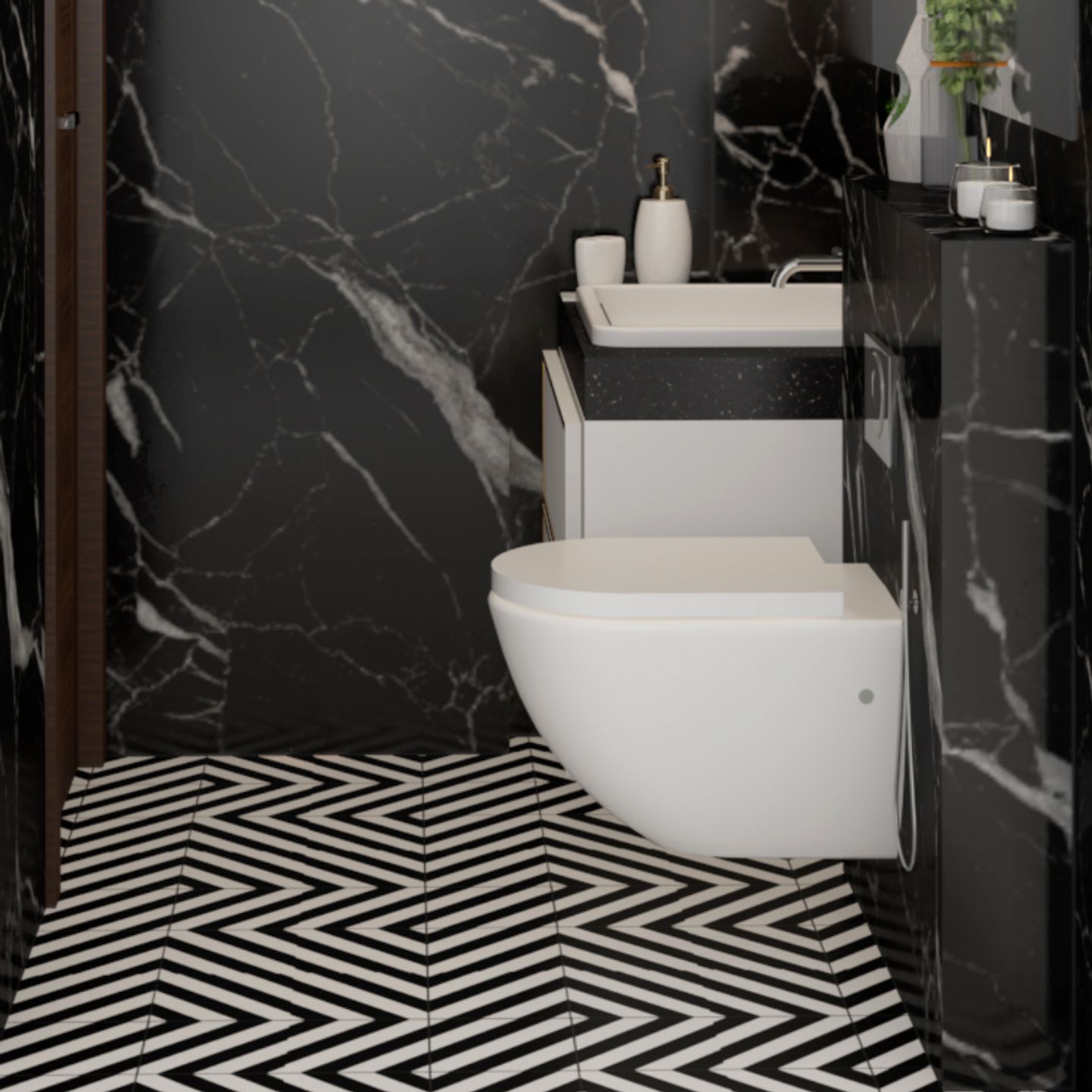 Ceramic Matte Black And White Bathroom Tile Design - Livspace