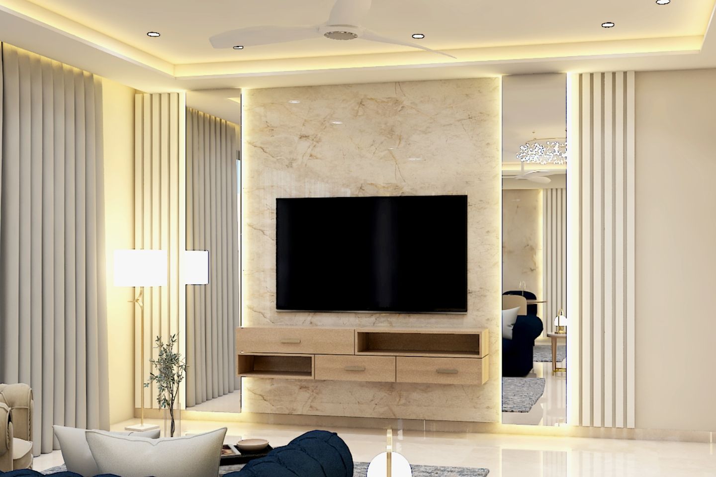Wall-Mounted TV Unit Design With Cream Marble Panel And Side Mirrors - Livspace
