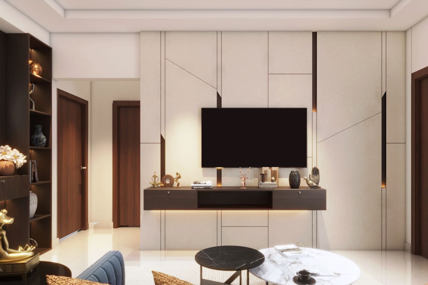 Wall-Mounted TV Unit Design With Grey Panel And Brown Inlays - Livspace