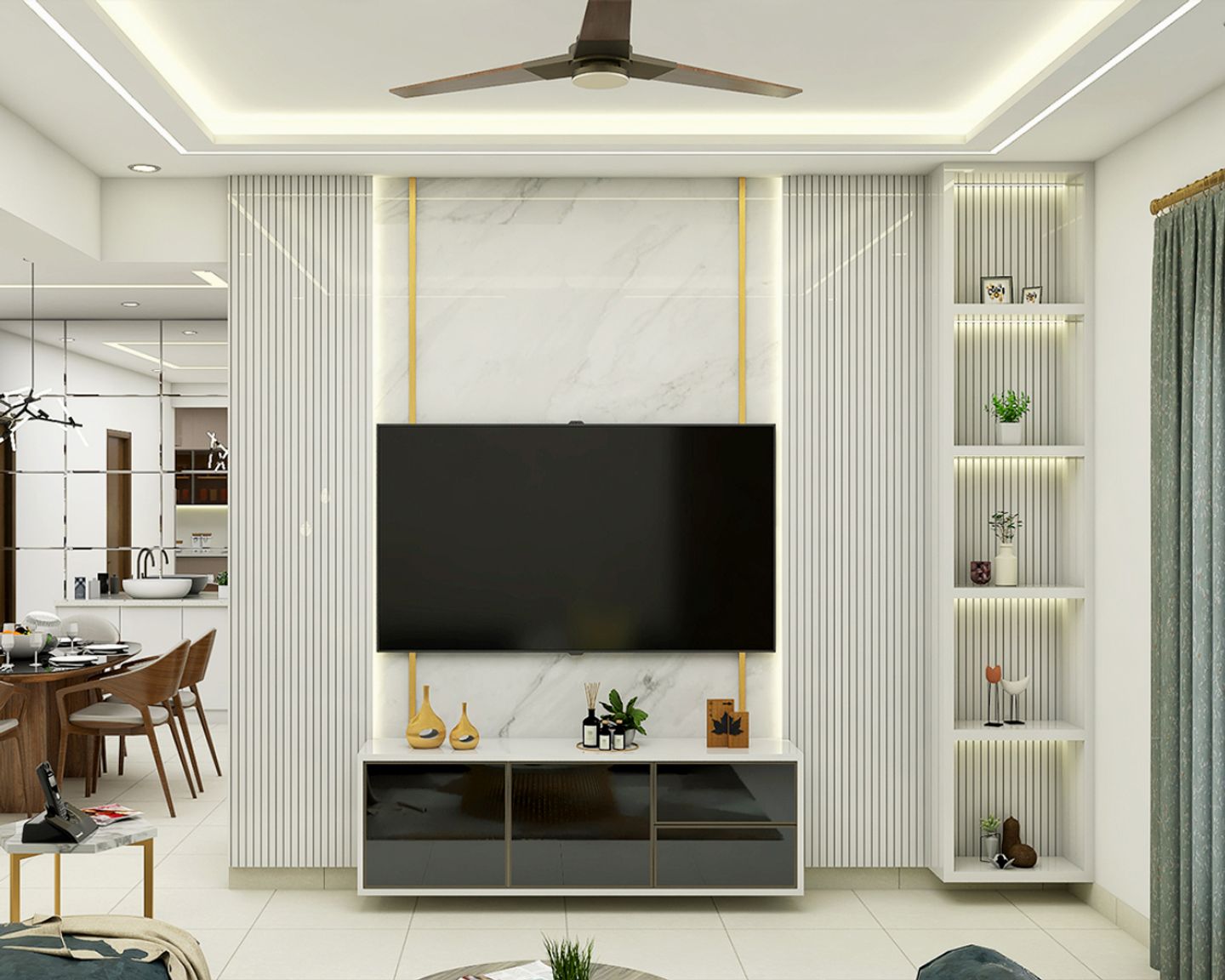 TV Unit Design With White Marble Wall Tile And Fluted Panelling - Livspace