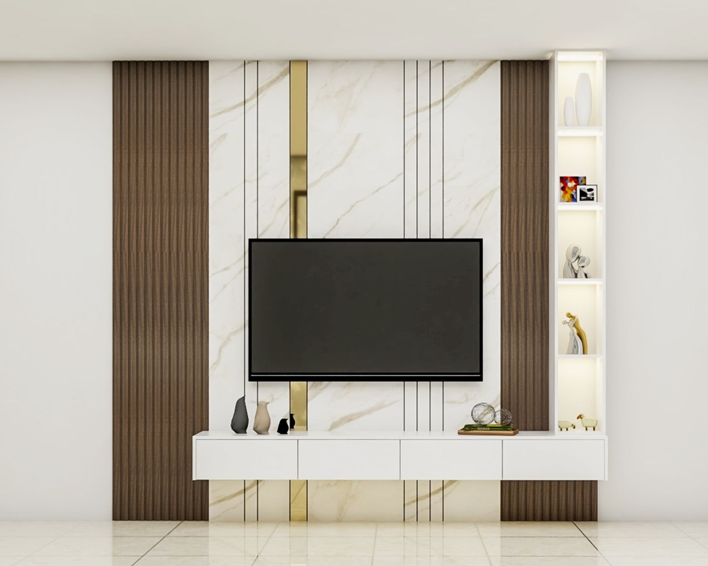 Frosty White TV Unit Design With Wooden Panel And Vertical Grooves - Livspace