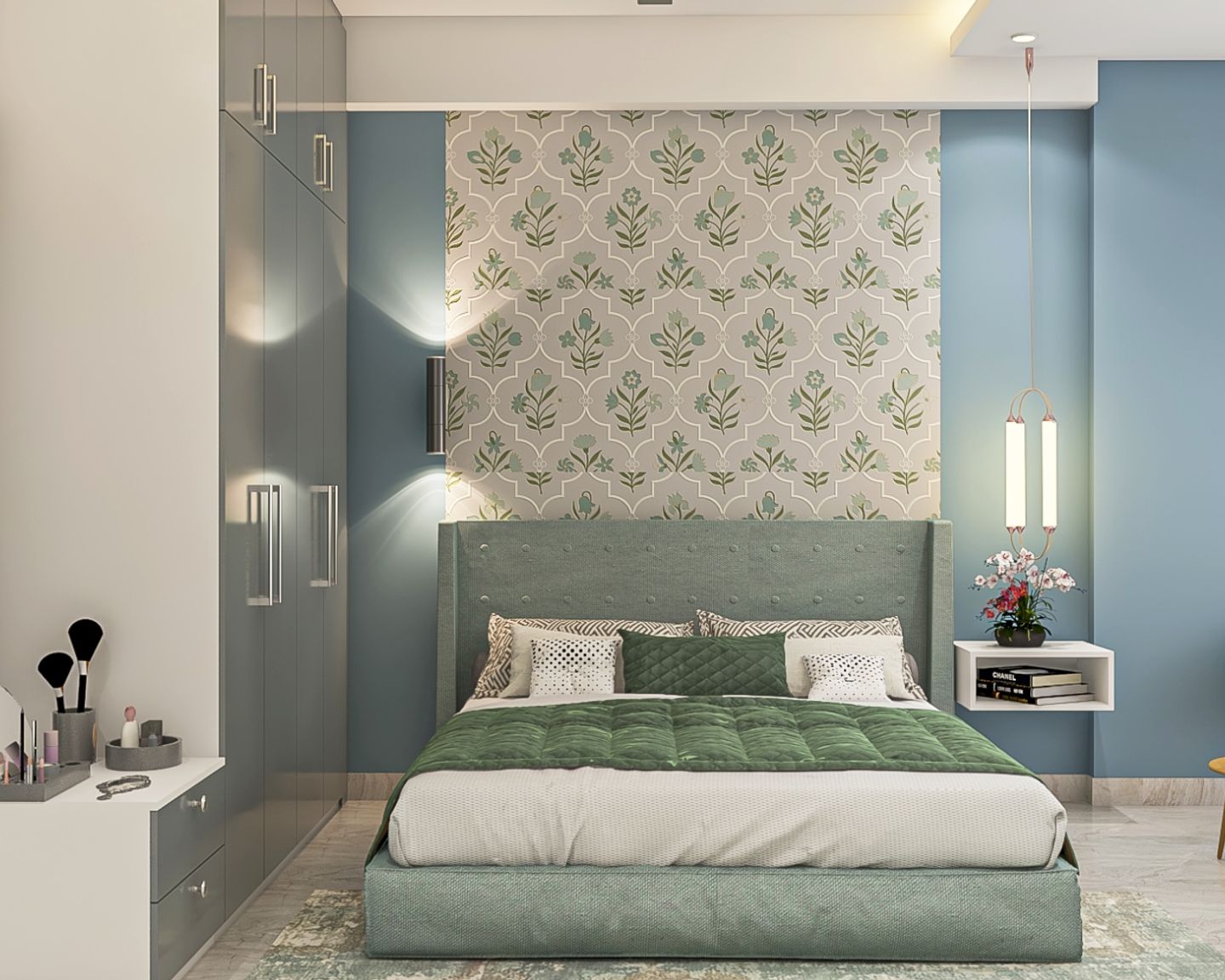 Grey And Green LeafThemed Bedroom Wallpaper Design Livspace
