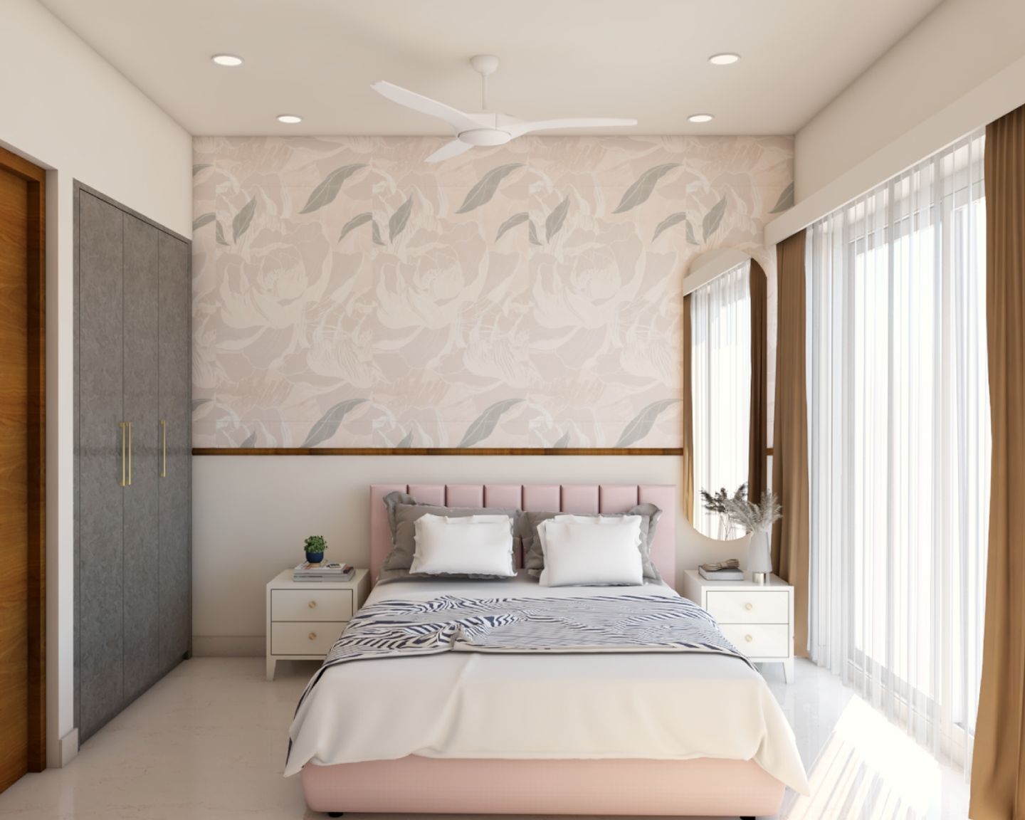 Abstract Leafy Multicoloured Bedroom Wallpaper Design- Livspace