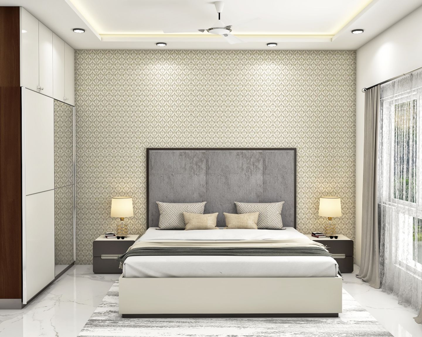 Cream And Grey Patterned Bedroom Wallpaper Design - Livspace