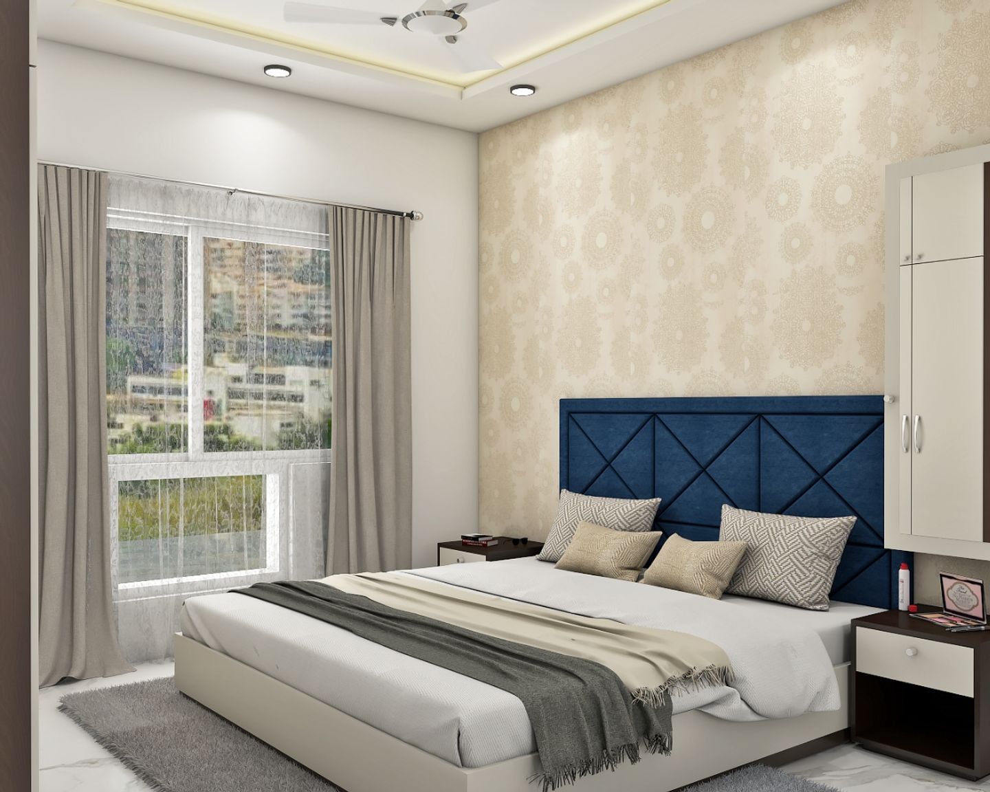 Beige Mandala Patterned Bedroom Wallpaper Design - Livspace