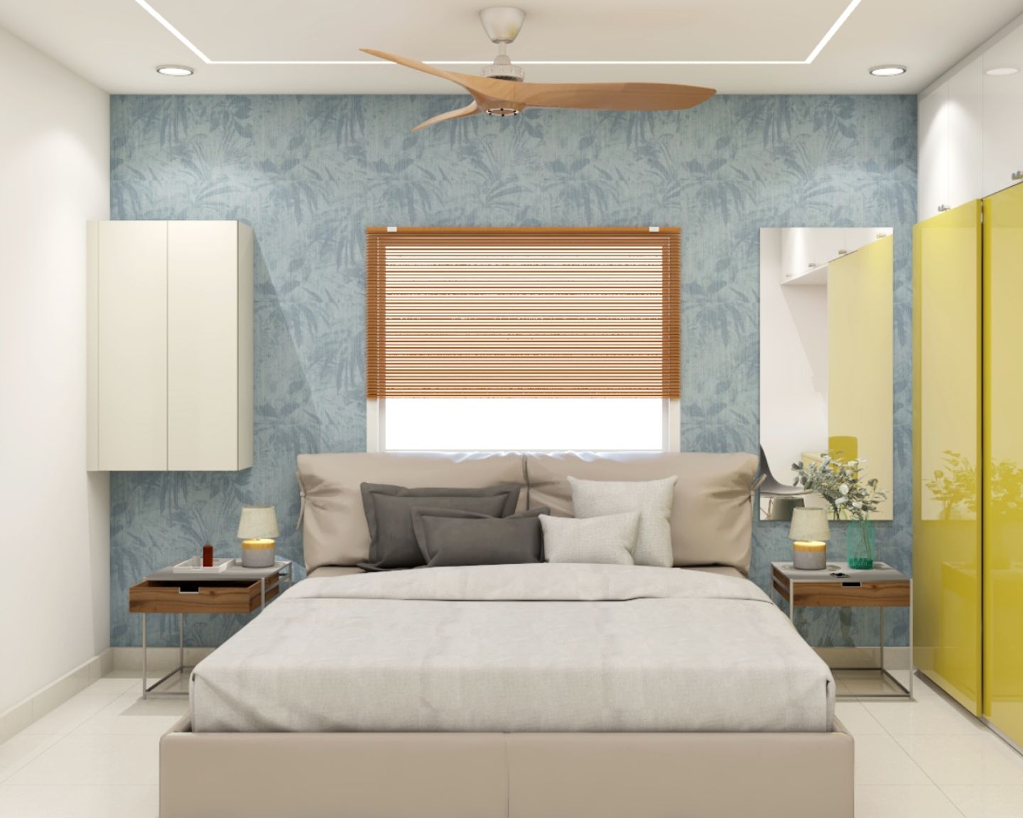 Light Blue Abstract Leaf Bedroom Wallpaper Design - Livspace