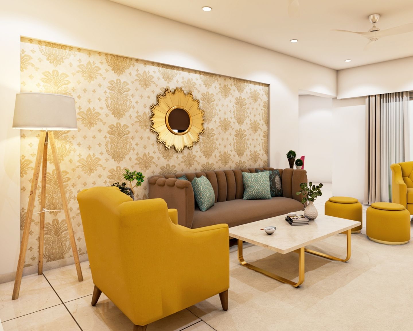 Beige Living Room Floral Wallpaper Design - Livspace