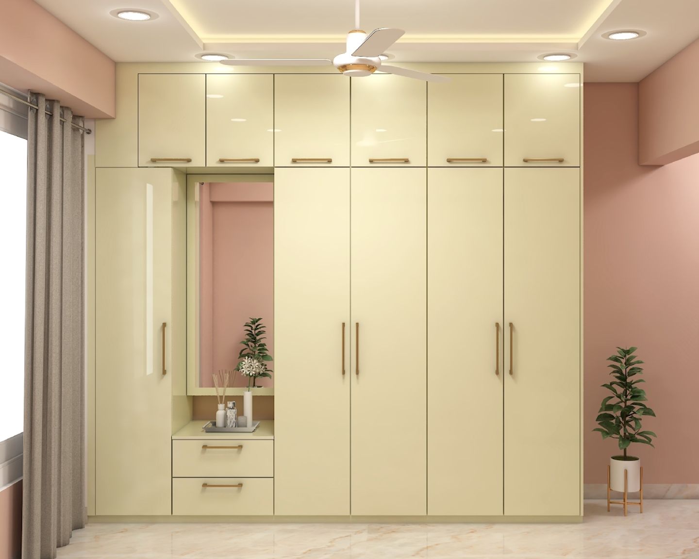 5-Door Swing Wardrobe Design With Mirror In Cream Tones - Livspace