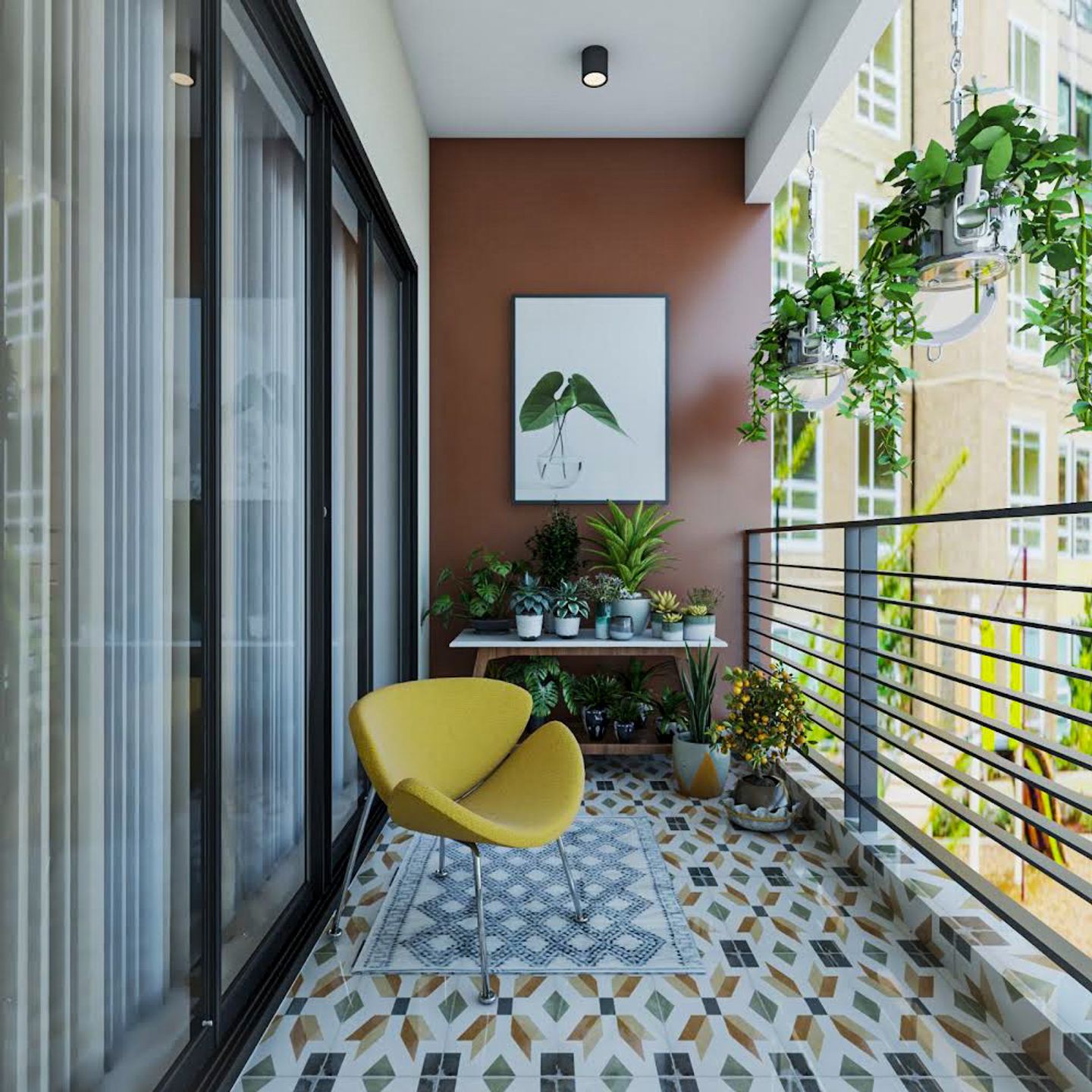 Modern Balcony Design with Brown Accent Wall, Painting, Multicoloured Abstract Flooring, Yellow Accent Chair, and White and Wood Table - Livspace