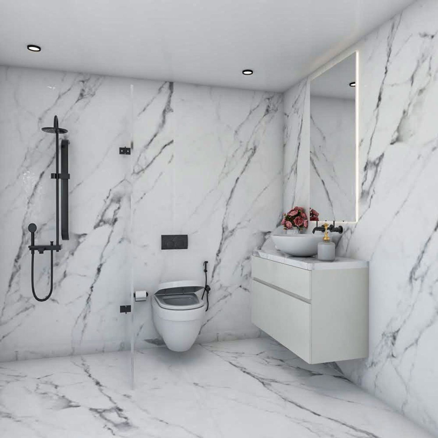 White Bathroom Design With Rectangular Backlit Mirror - Livspace