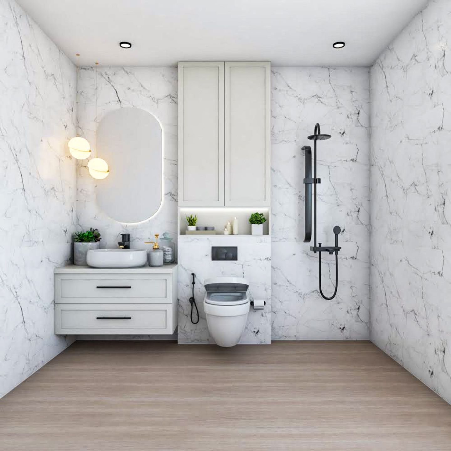 Bathroom Design With Off-White Storage Units And Pendant Lights - Livspace