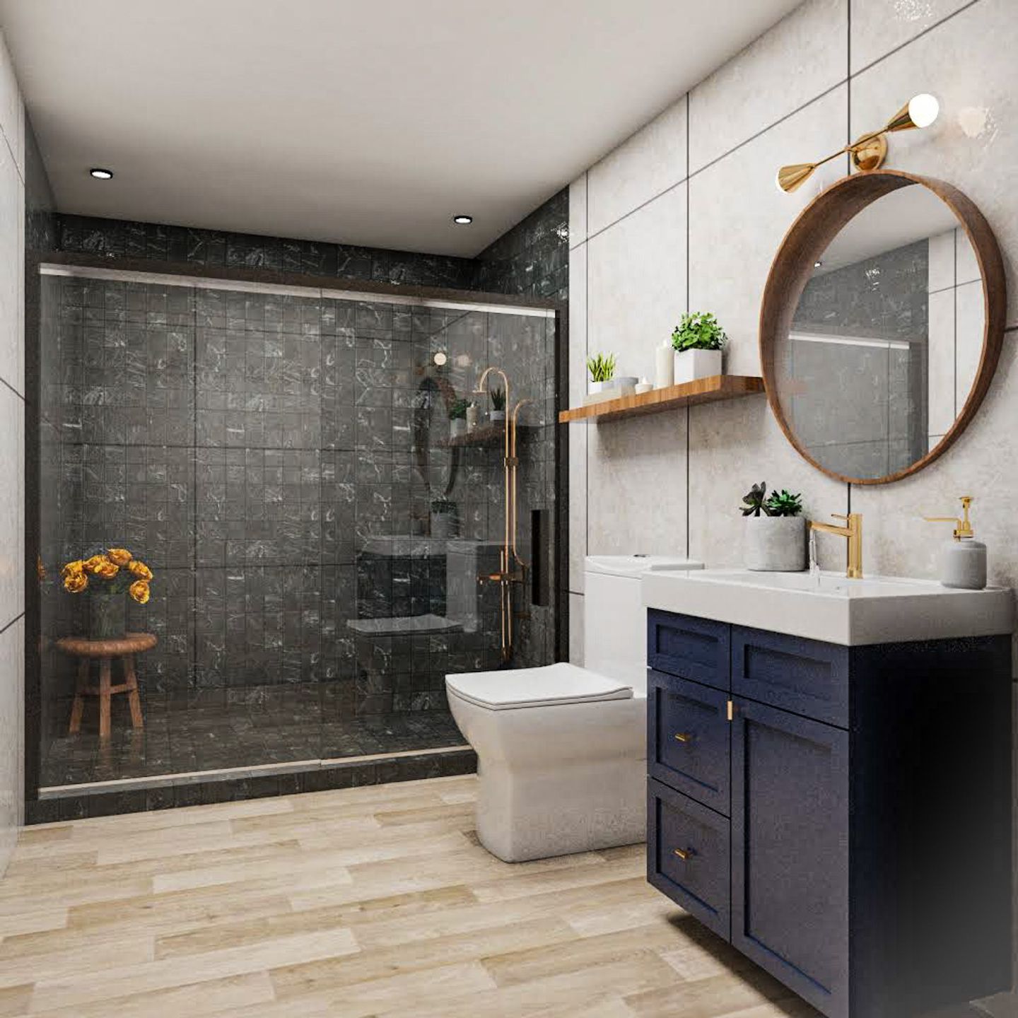 Contemporary White And Black Minimal Bathroom Design - Livspace