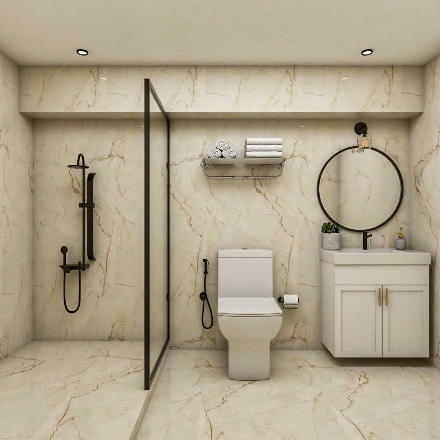 Beige Marble Bathroom Design With Black-Framed Circular Mirror - Livspace