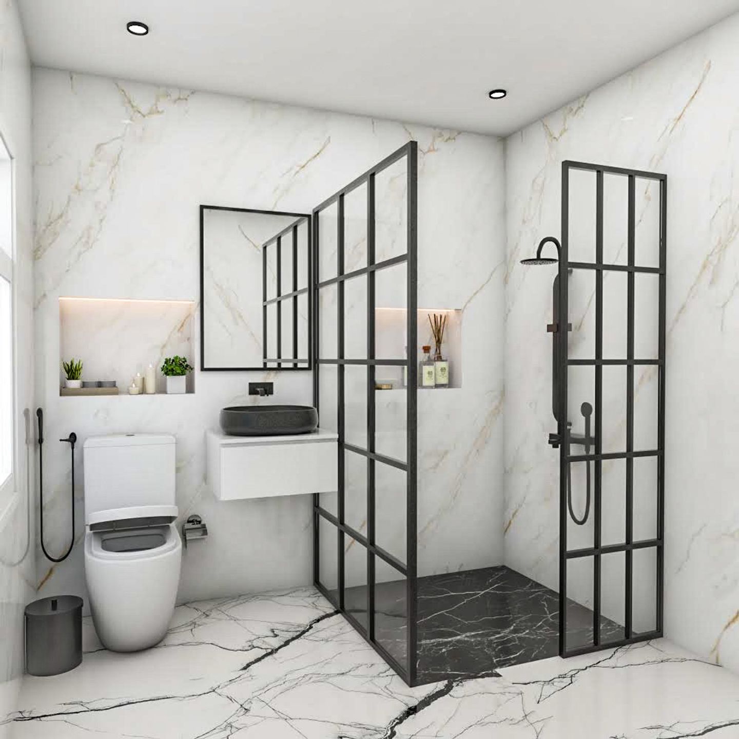 Bathroom Design With Black Grid Partition - Livspace