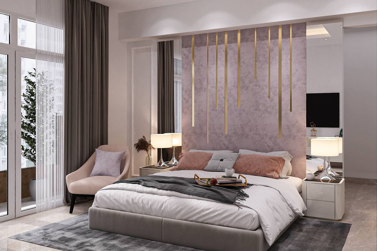 Contemporary Master Bedroom Design with Long Pastel Pink Headboard ...