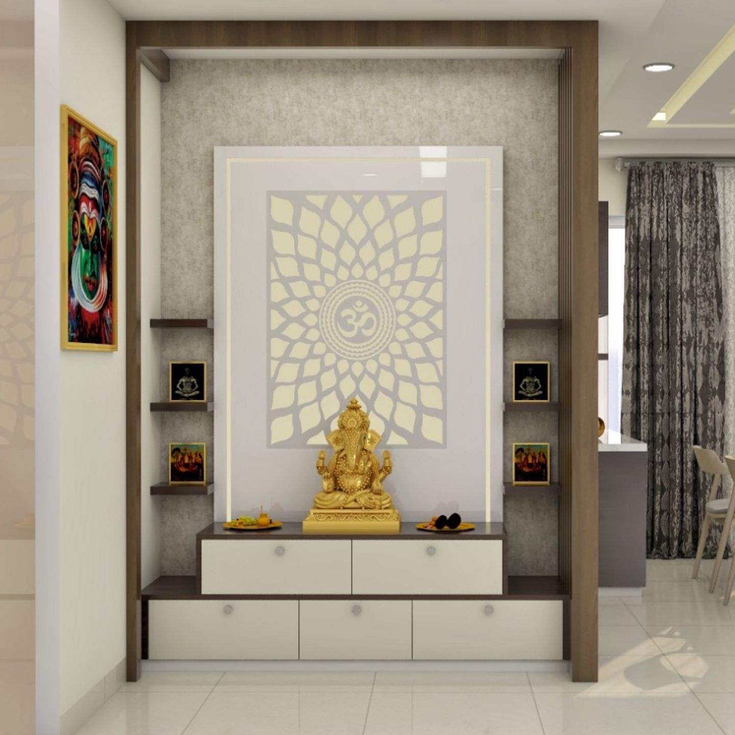 White And Wooden Pooja Unit Design - Livspace