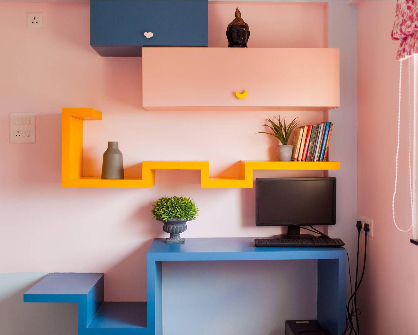 Home Office Design With Colourful Table And Wall Storage - Livspace