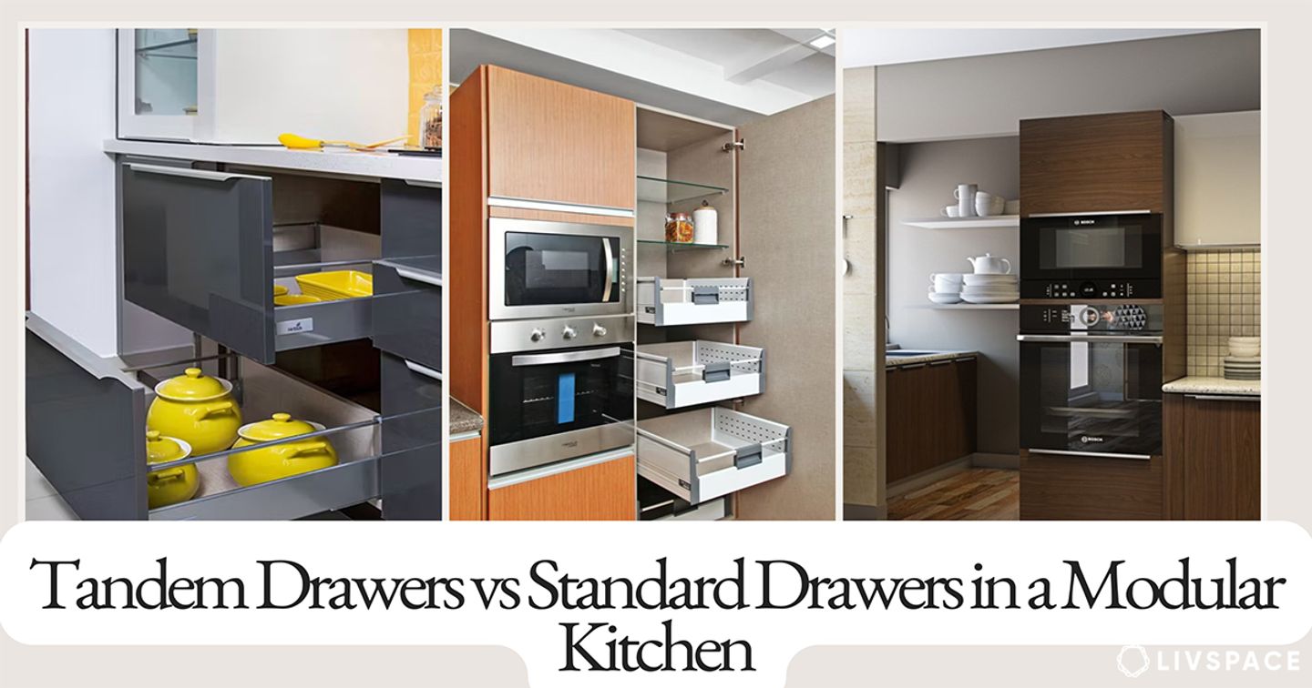 Tandem drawer pulled out in a modular kitchen showing loaded utensils and cookware