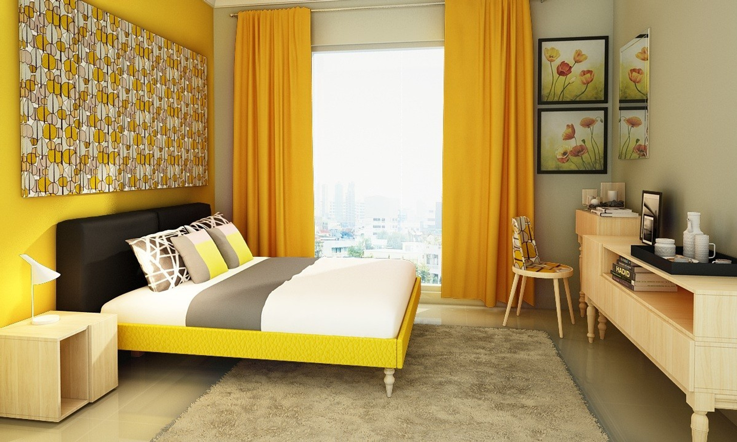 Spacious Guest Bedroom With Yellow Accent Wall | Livspace