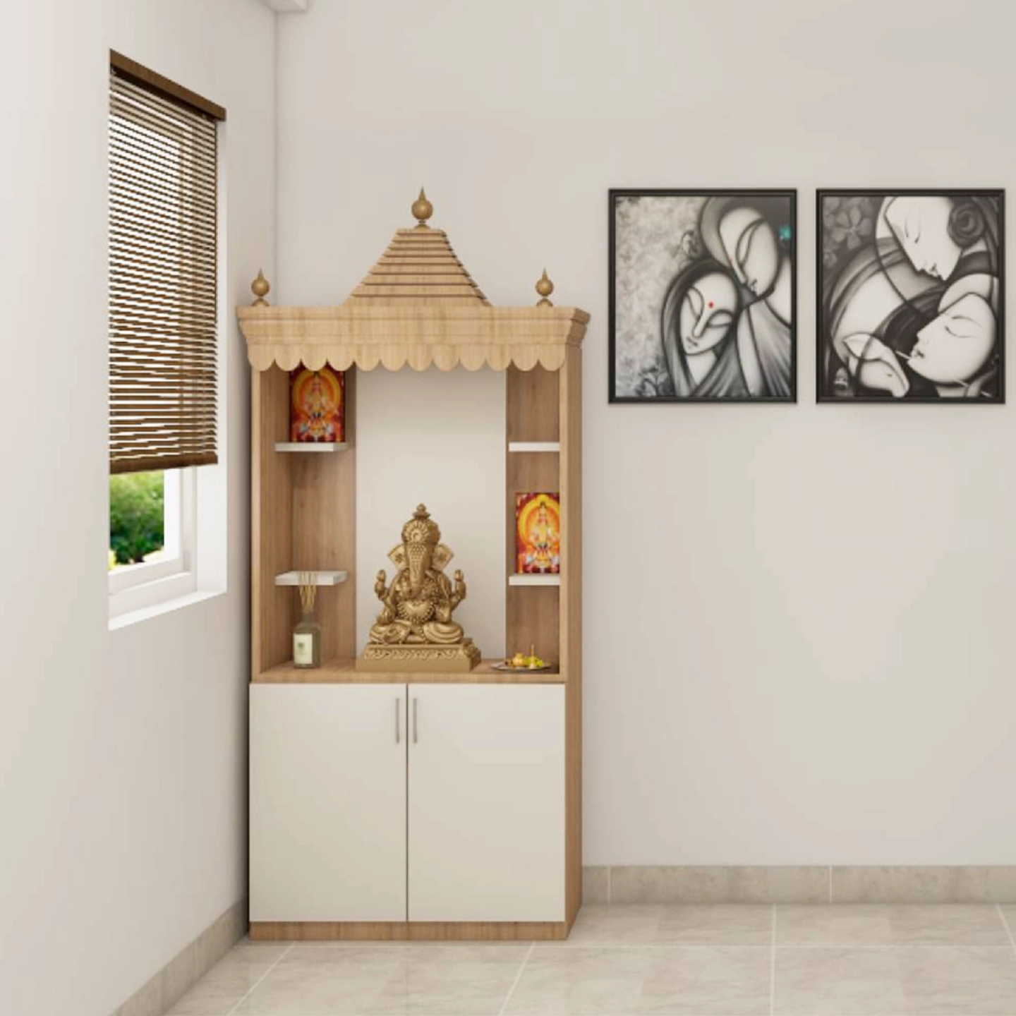 Classic Compact Standalone Pooja Mandir Design with Storage Cabinet ...