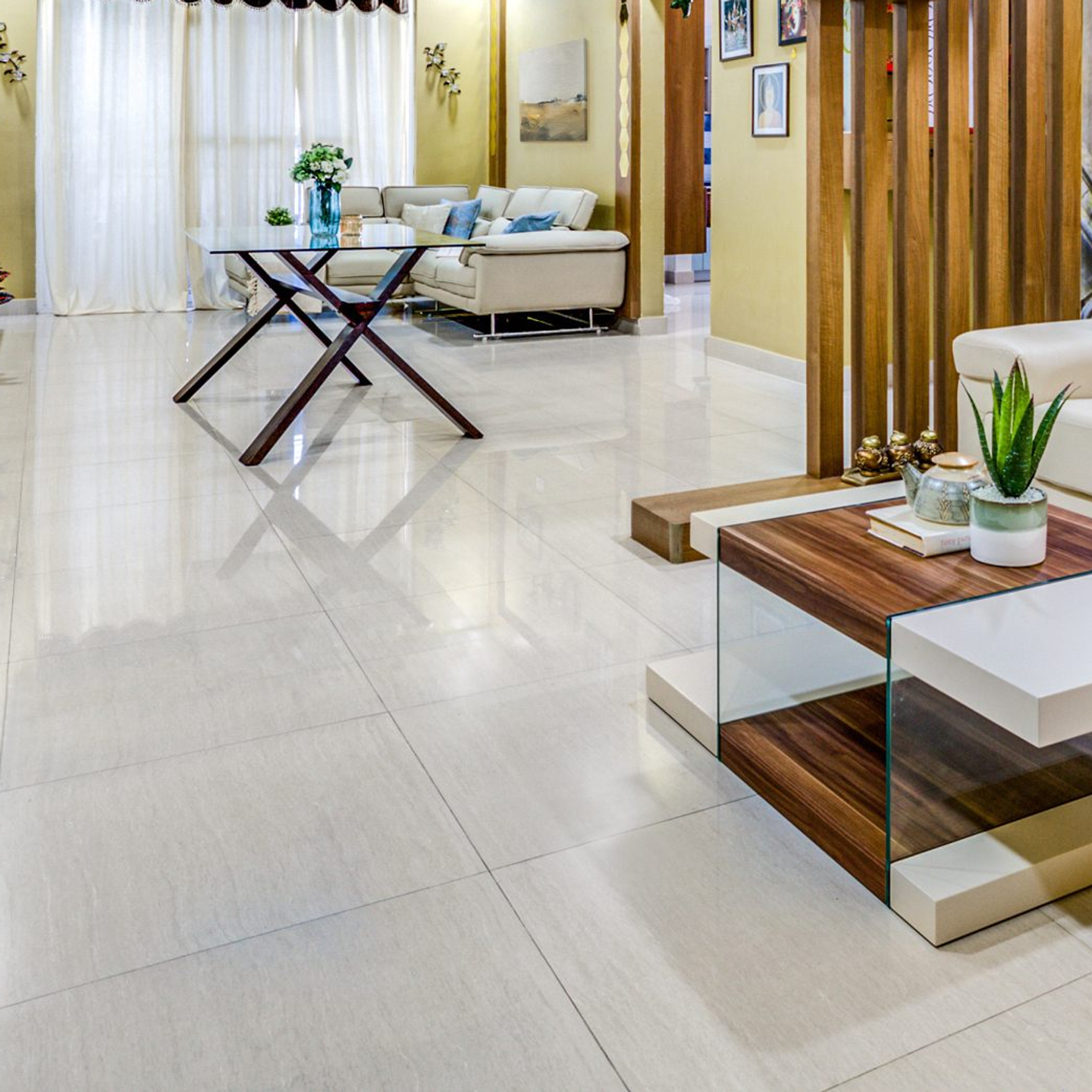 Clean Cream Flooring With A Glossy Finish Livspace