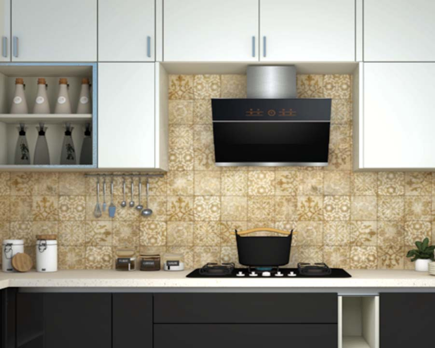 Light-Coloured Kitchen Tile Design With A Patterned Dado | Livspace
