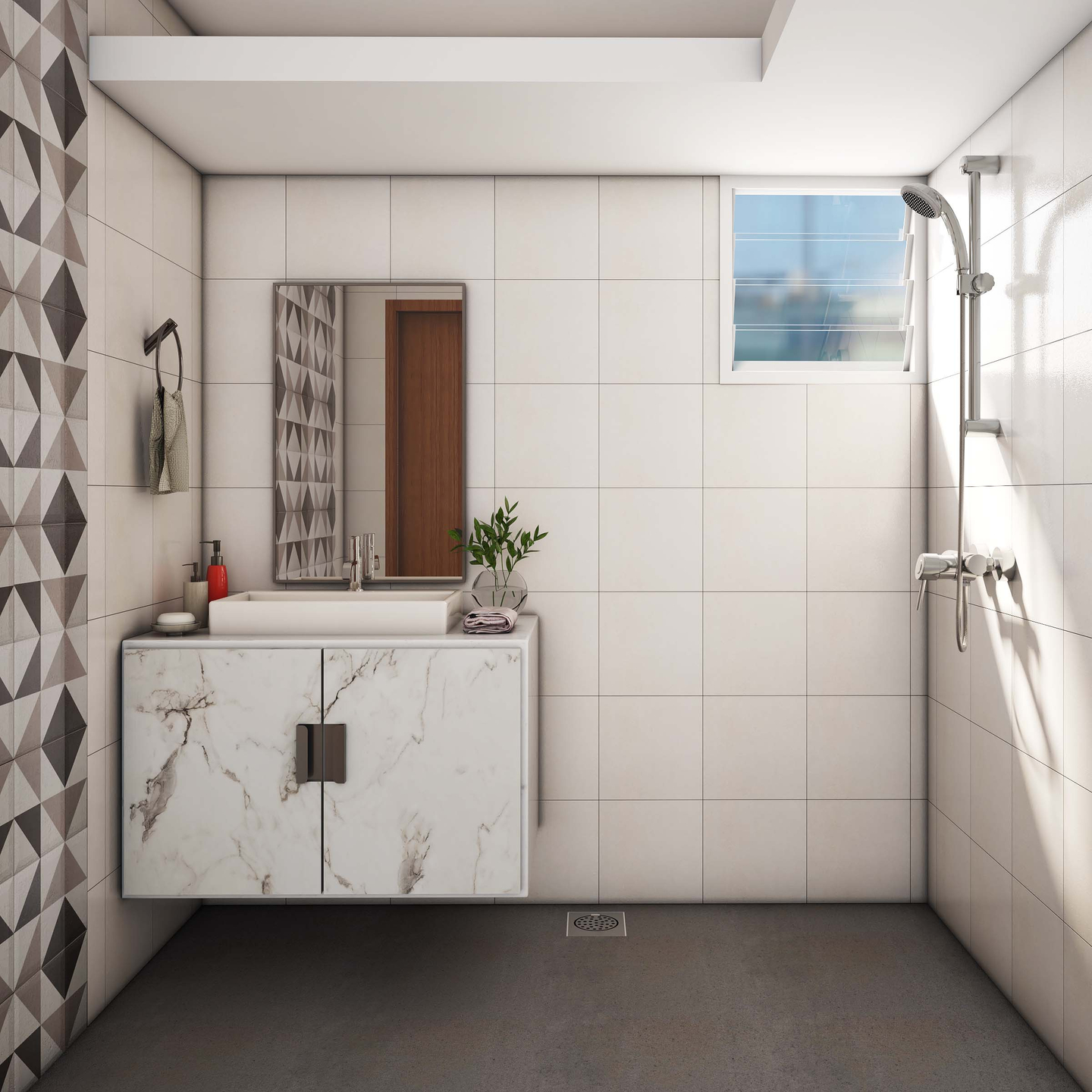 Light-Coloured Bathroom Tile Design With Geometric Patterned Tiles ...