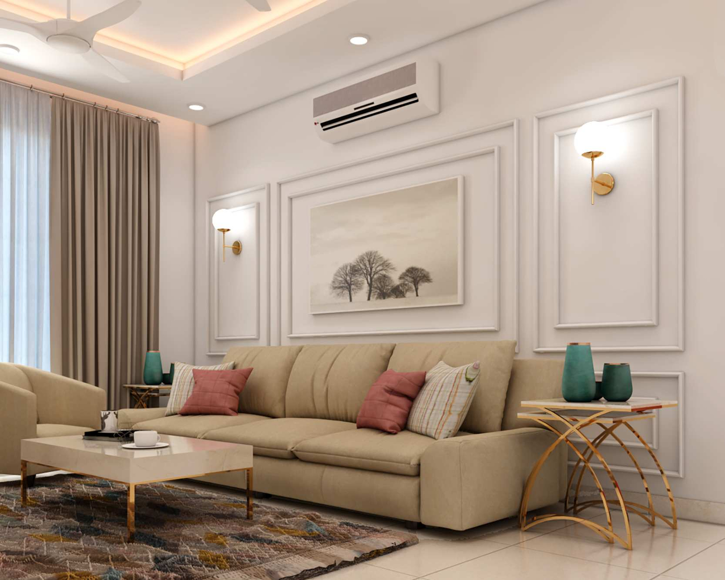 LightColoured Wall Painting Design With Wall Trims Livspace