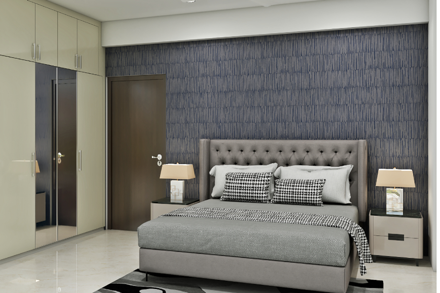 Modern Bedroom Wall Design In Blue And White | Livspace