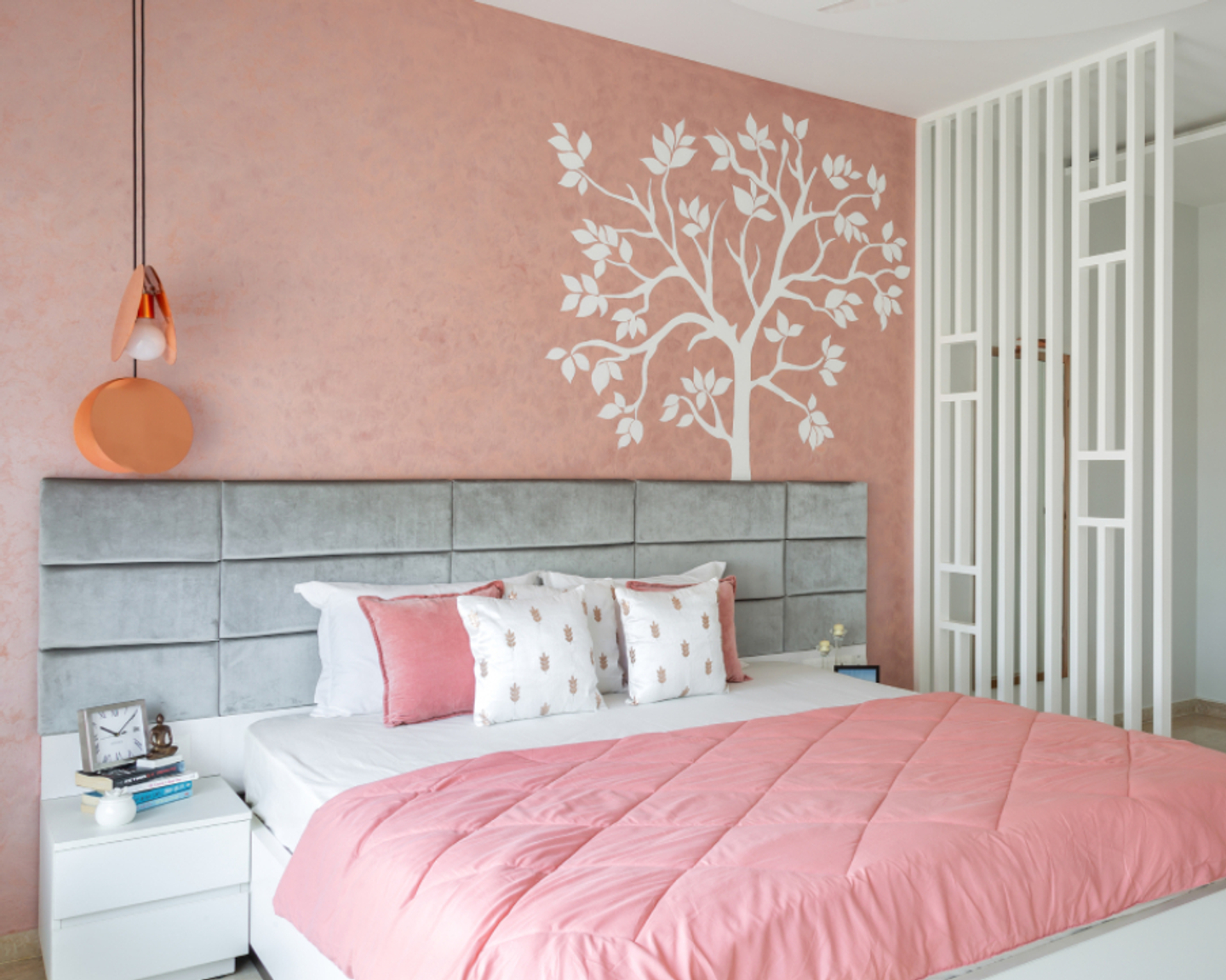 Pink Bedroom Wall Paint With A White Tree Motif | Livspace