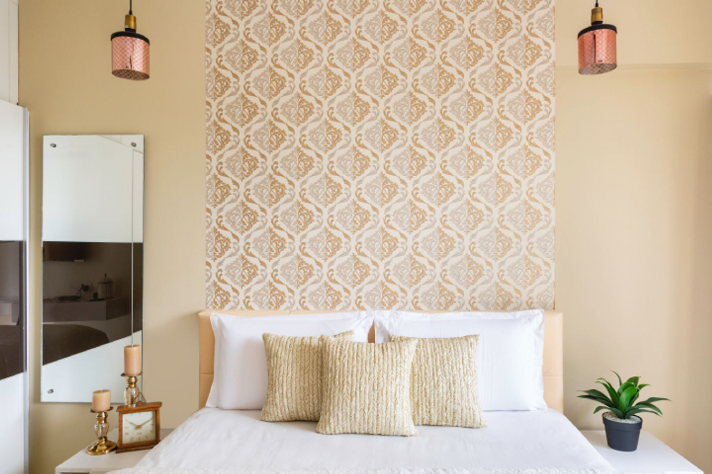 Beige Patterned Bedroom Wallpaper Livspace