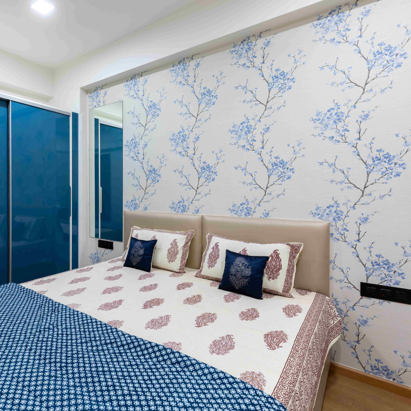 Blue And White Bedroom Wallpaper | Livspace