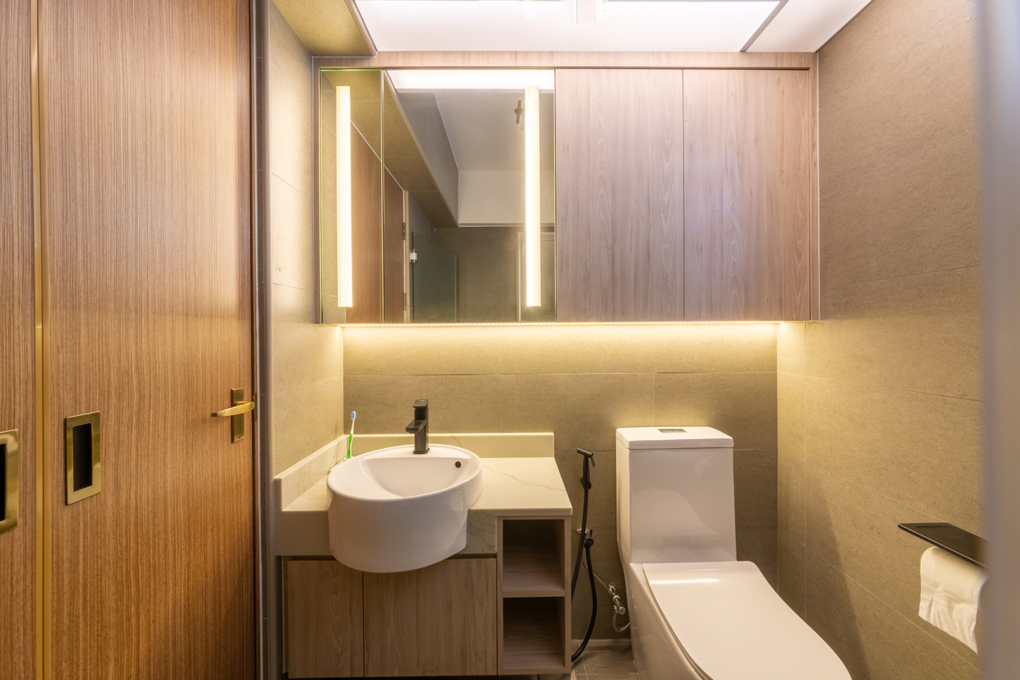 Minimalist Room Design With Glass Shower Cubicle And Wooden Storage Unit