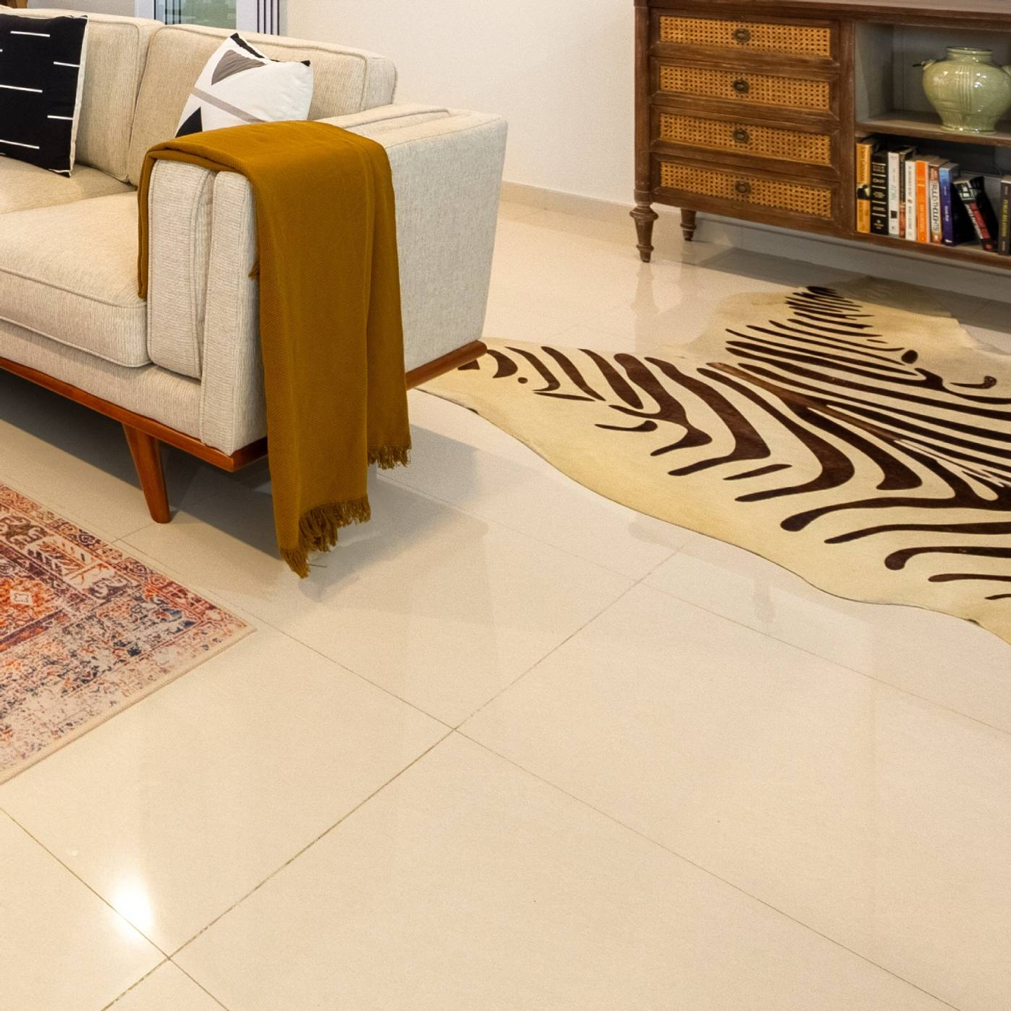 Glossy Beige Flooring Design For Living Rooms | Livspace