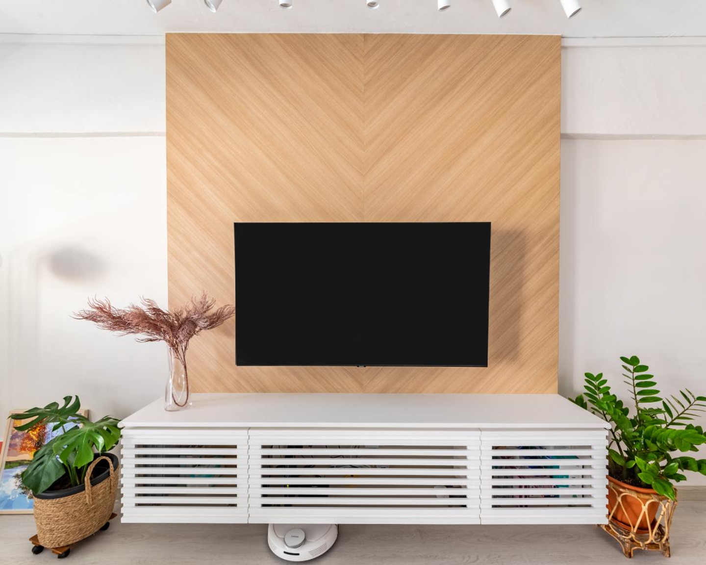 WallMounted TV Design With A Wooden Backdrop Livspace