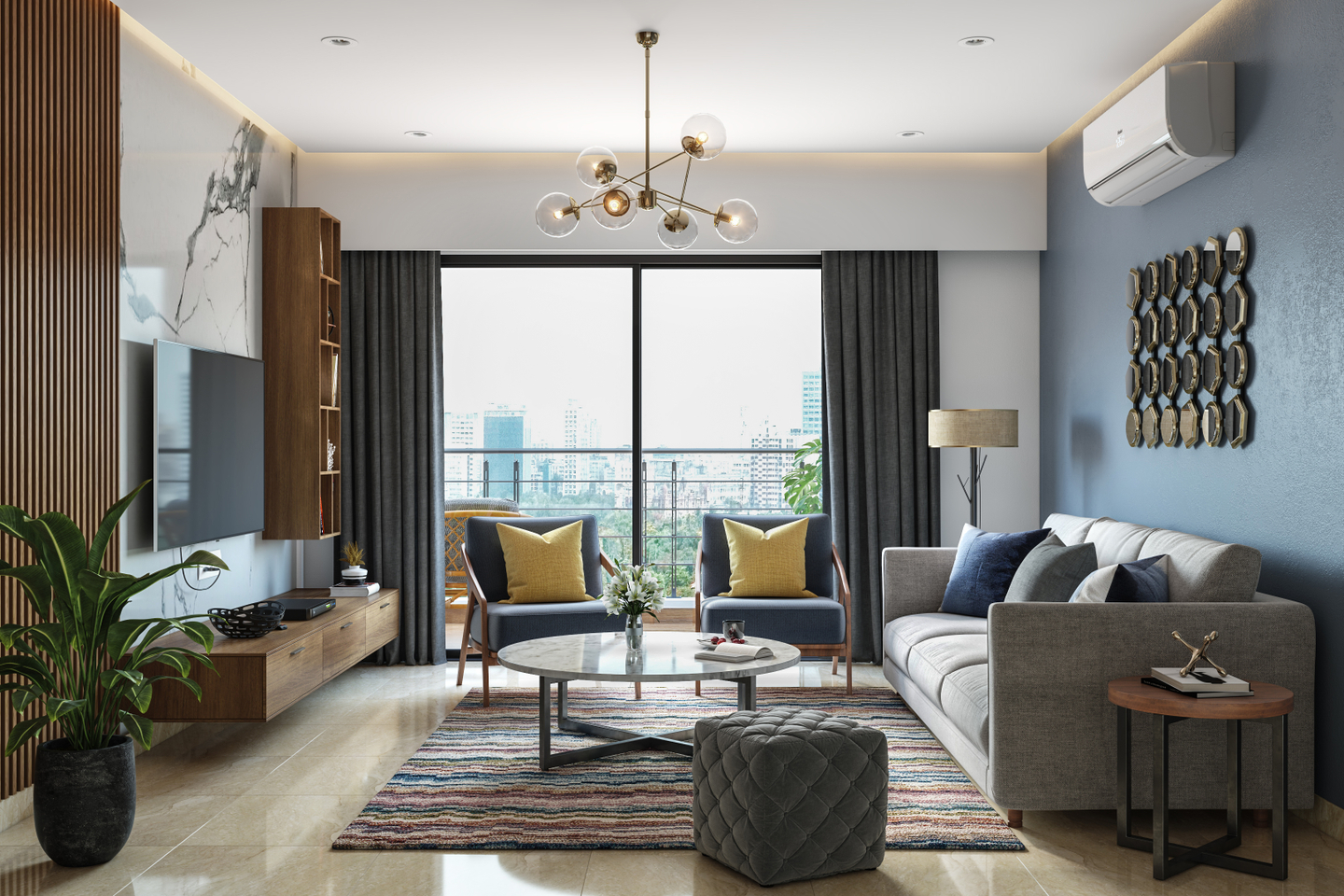 Living Room Design With Blue Walls - Livspace