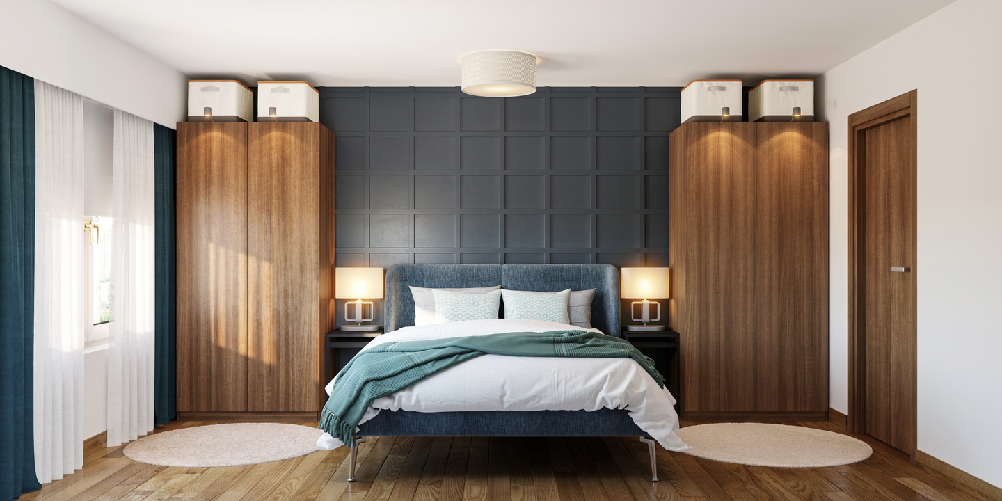 Minimalistic Master Bedroom With Wooden Panels - Livspace