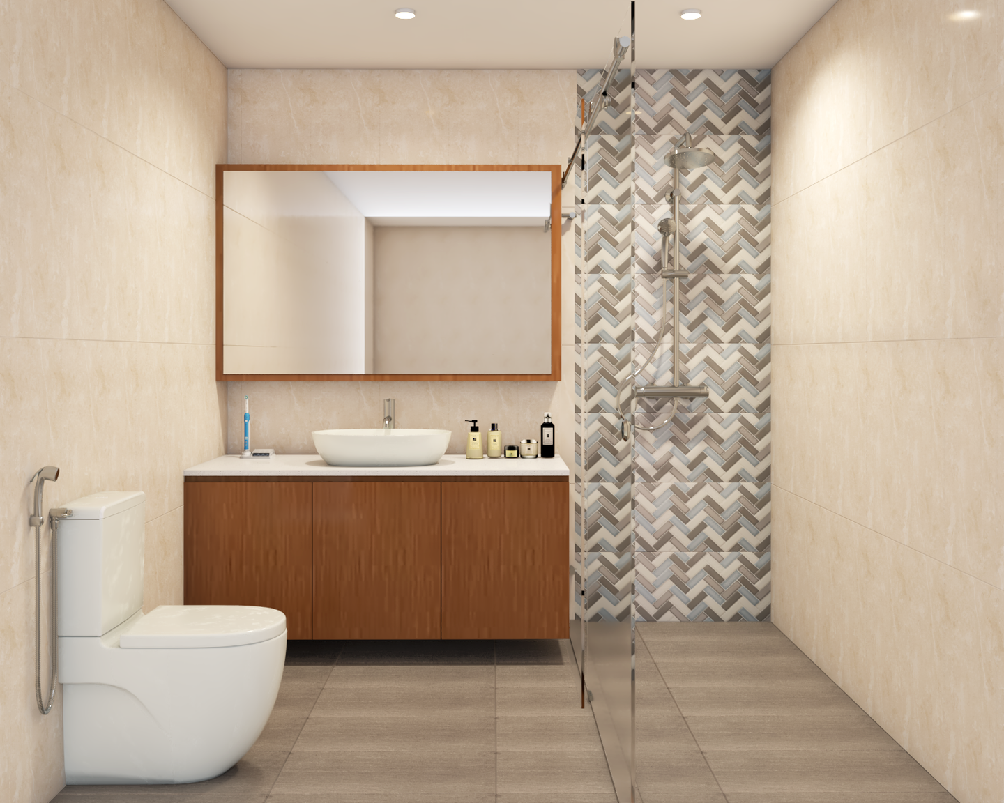 Contemporary Bathroom Design With Wooden Vanity - Livspace
