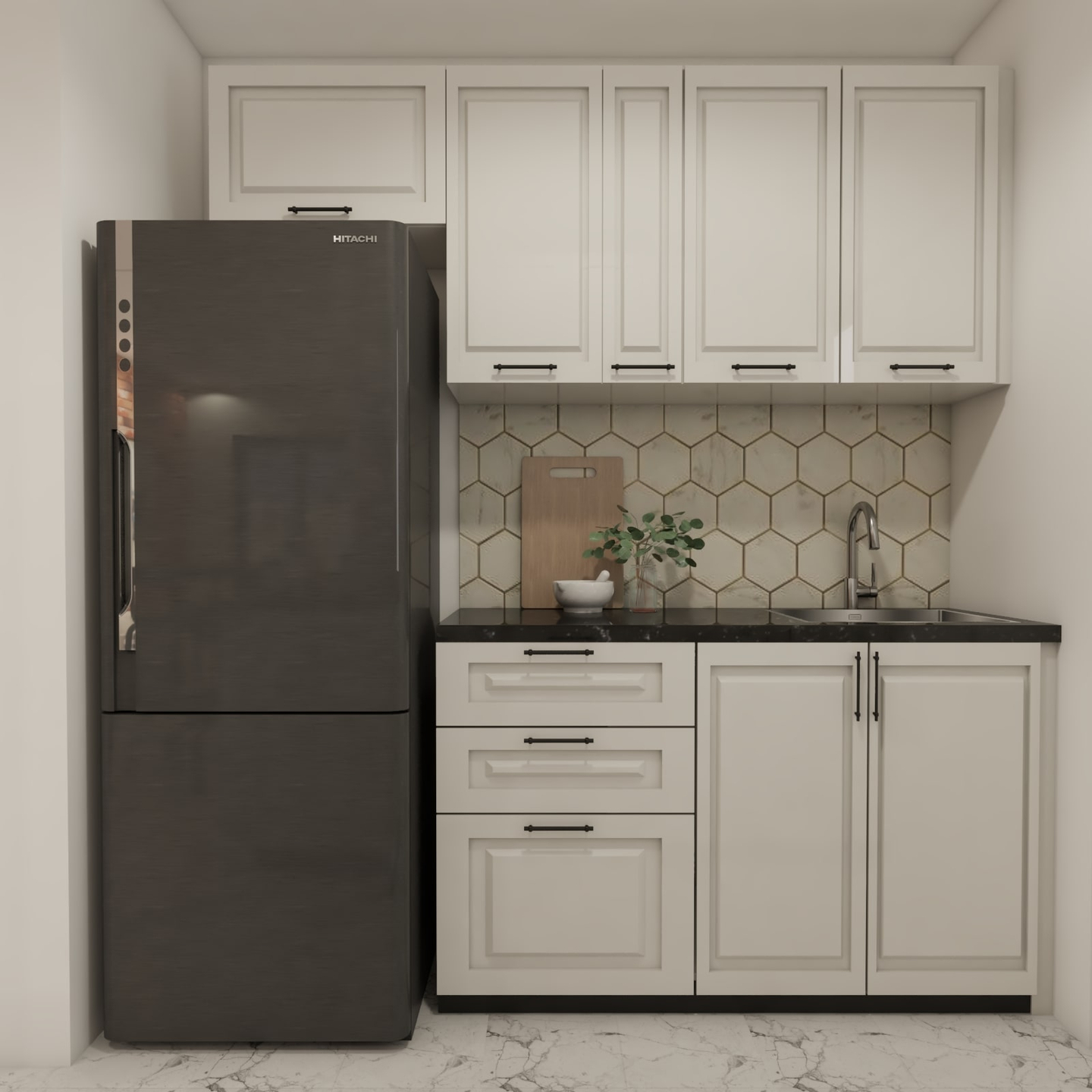 Classic Spacious Kitchen Cabinet Design With Hexagon Backsplash